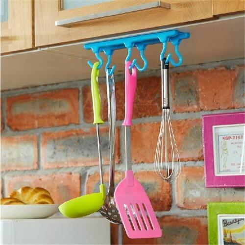 New Arrival Cabinets Hook Kitchen Bathroom Cabinets Closet Installed Candy Color Plastic Sticky Adhesive Hanger With 6 Hooks