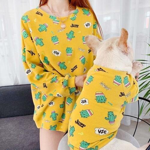 Pet parent-child clothing spring and autumn new pet cartoon cactus sweater small dog Teddy French bulldog fat dog sweater