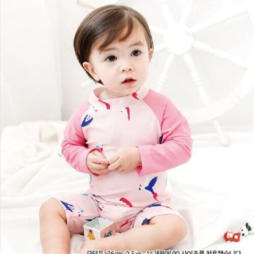 1-8Y New Girls One Piece Swimsuit Baby Print Swimwear Child Bathing Suit Cute Beachwear Infant Long Sleeve Shorts Sun Protection