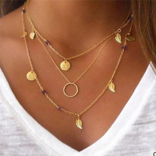 1Pc Jewelry Choker Necklace Leaf Bohemian Crystal Necklace Multilayer Long Necklace Women