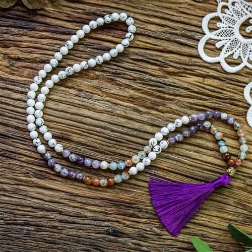 8mm Natural Amethyst Howlite Agate Beaded Necklace 108 Mala Meditation Yoga Blessing Tibetan Jewelry Buddha Head Tassel Pendant