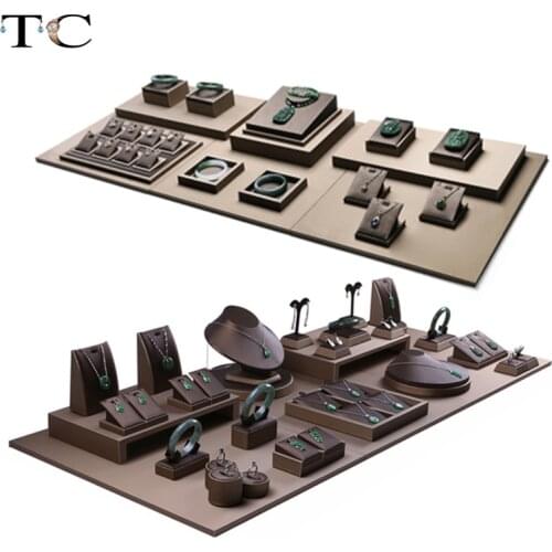 PU Jewelry Display Stand Kit Ring Earrings Pendant Necklace Set Tray Bracelet Storage Window Countertop Showcase Organizer