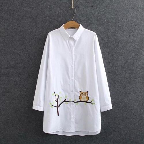Plus size cotton owl embroidery women long white shirts 2021 new spring autumn casual ladies soft blouse female tops