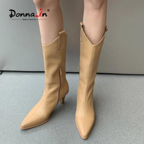 Donna-in Luxury Calf Leather Western Cowboy Boots Women Mid-Calf Boots Fashion Pointed Toe Zipper High Heel Brown Boots 2021 New