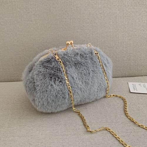Gray Women Lady Faux Fur Single Shoulder Bag Winter Chains Girls Trendy Furry Plush Casual Vogue Korean Japan Girl Bags Bols