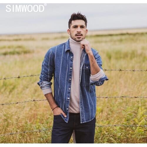 SIMWOOD 2021 new Vertical striped denim jackets men Indigo washed contrast color 100% cotton thin outerwear SI980740