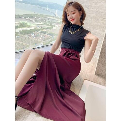 Top Quality Sleeveless base half high collar top+Split wide leg skirt suit summer new