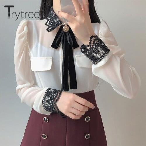Trytree 2020 Spring Autumn Blouse Women Casual Bow Brooch Lace Turn-down Collar Puff Sleeve Office Lady Translucent Shirts Tops