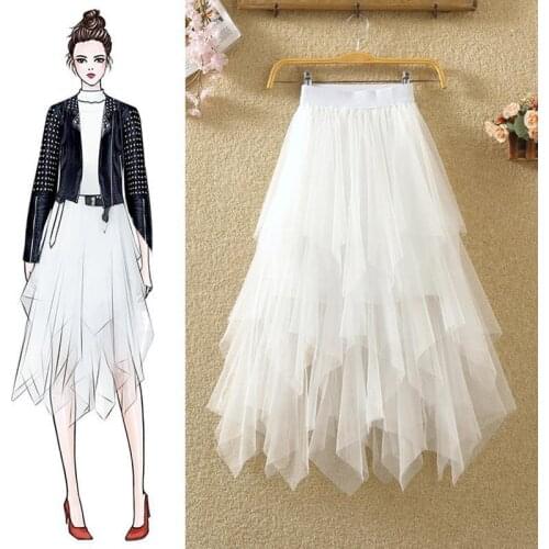 Tulle Skirts Womens Irregular Fashion Korean Elastic High Waist Mesh Tutu Skirt Sexy Pleated Midi Skirts for Women