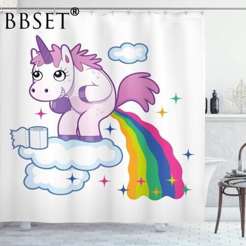 Funny Shower Curtain Unicorn Pooping Rainbow Over Clouds Pattern Waterproof Multi-size Douchegordijn Kids Bathroom Decor