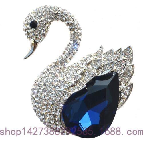 Fashion New Crystal Elegant Blue Color Swan Pin Women Gift Garment Wedding Accessories Jewelry Brooch Rhinestone Rhodium Plated