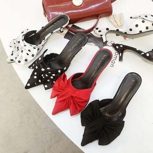 Pointed Toe Women Slippers Ladies Summer Outside Mules Shoes Shallow Flats Bow Design Thin Low Heels Sandals Slides Beach Shoes