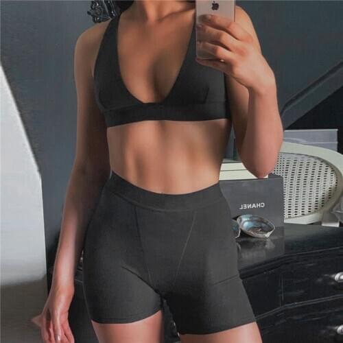 Womens Sports Yoga Set Fitness Two Piece Suit Solid Color V-neck Cropped Vest and High Waist Shorts slim fit workout Gym Wear