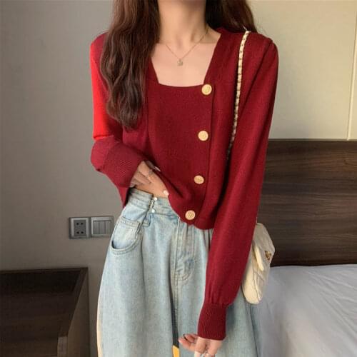 Womens Knitted Cardigan Square Collar Buttons Long Sleeves Slim Thin Sweater Wholesale 2021 Autumn New Elegant Lady Clothes
