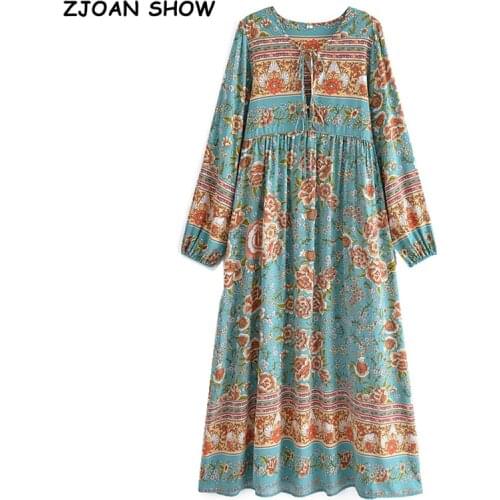 2021 Bohemia Bandage Lacing up Collar Turquoise Green Flower Print Midi Dress BOHO Woman Long Sleeve Holiday Dresses Beach Robe