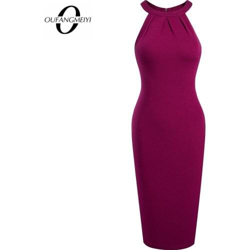 Women Elegant Charming Ball Party Pure Color O Neck Halter Ruched Slim Pencil Knee Length Dress EB663