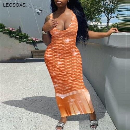 2021 New Summer Mermaid Round Neck Fishscale Print Sleeveless Dress Casual Beach Slim Solid Color Sexy Dress