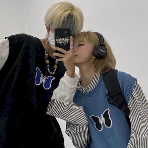 Vest Sweater Men Women Japanese Dark Wind High Street Hip-hop Tide Butterfly Embroidery Vest Loose Sweater Keep Warm