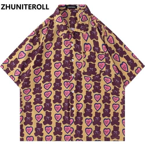 2021 Sweet Heart Bear Print Hawaiian Shirts Mens Summer Casual Short Sleeve Graphics Beach Shirt Aloha Holiday Tropical Tops