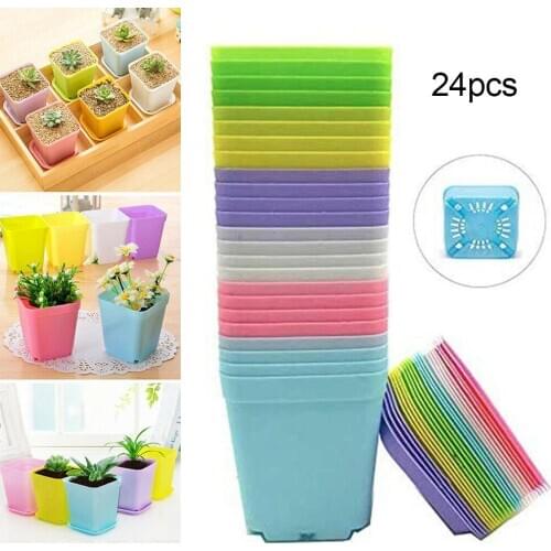 24Pcs Plastic Multicolor Mini Green Plants Flowerpot with Tray Garden Home Decor Mini Flowerpots Planters