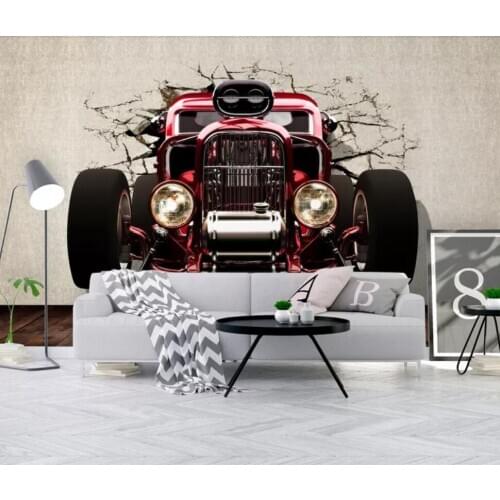 3D stereoscopic classic car breaks through the wall and comes out mural TV background wall decoration wallpaper mural