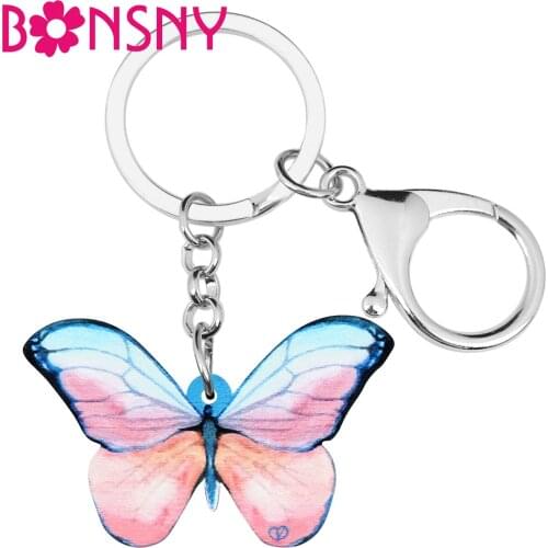 Bonsny Acrylic Pink Brush-footed Butterfly Keychains Big Insect Animal Keyring Jewelry For Women Girls Charm Bag Car Accessories