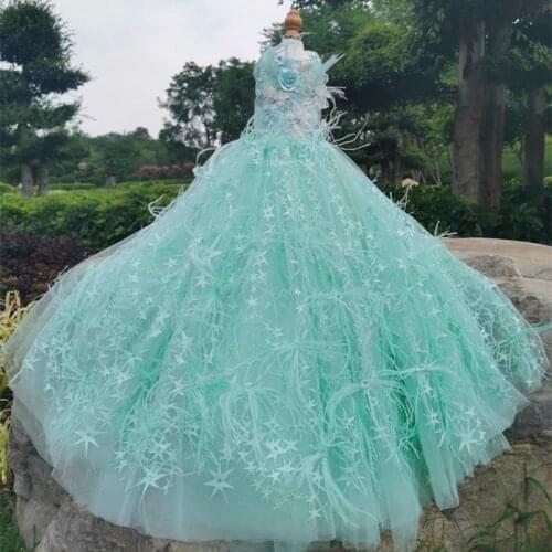Free Shipping Handmade Luxury Dog Clothes Pet Tailing Dress Wedding Evening Gown Green Feather Pearl Flower Bud Cat Maltese