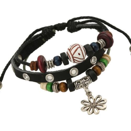 Fashion Vintage Flower Beads Casual Bracelet Adjustable Multi-layer Handmade Leather Charms Bangle Wristbands Girl Women Jewelry