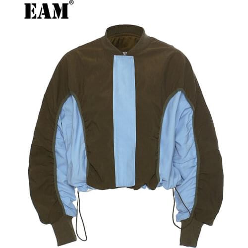 [EAM] Loose Fit Contrast Color Drawstring Jacket New stand collar Long Sleeve Women Coat Fashion Tide Autumn Winter 2021 1DD3630