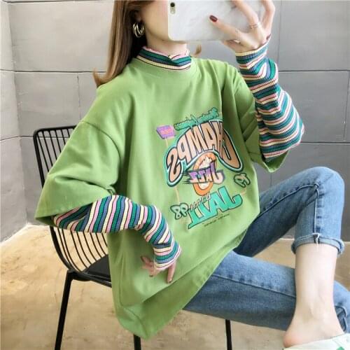 Long-sleeved Fake Two-piece T-shirt Womens 2021 Autumn New Casual Harajuku Korean Version Loose Printing All-match Student Top