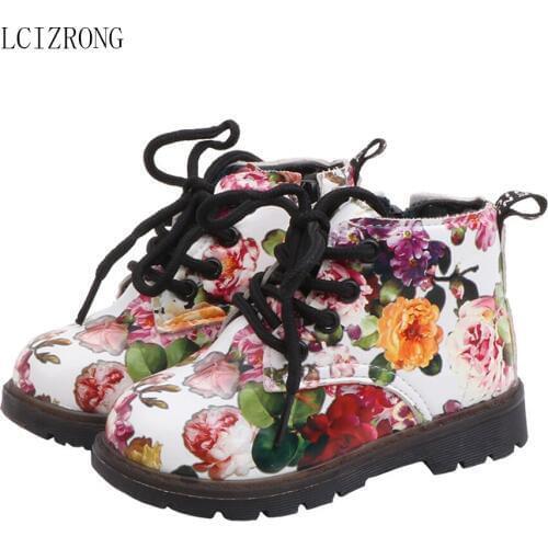 LCIZRONG Winter Fashion Leather Kids Boots Girls Casual Print Floral Warm Zip Ankle Boots Autumn Outdoor Baby Boots