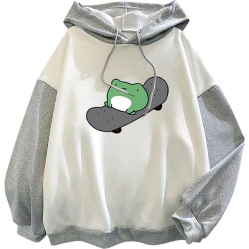 Girls Students Cute Cartoon Print Hoodies Autumn Korean Patchwork Long Sleeve Hooded Pullover Brief Drawstring Streetwear Blouse