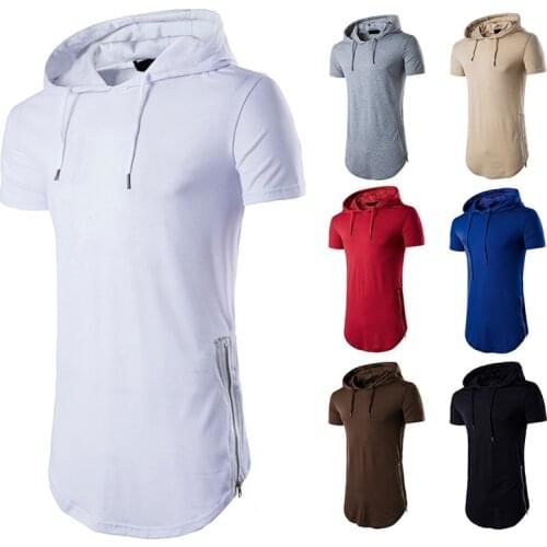 Summer Wear Mens Short Sleeve T-Shirt Zipper Hip-Hop Long High Street On Both Sides With Cap