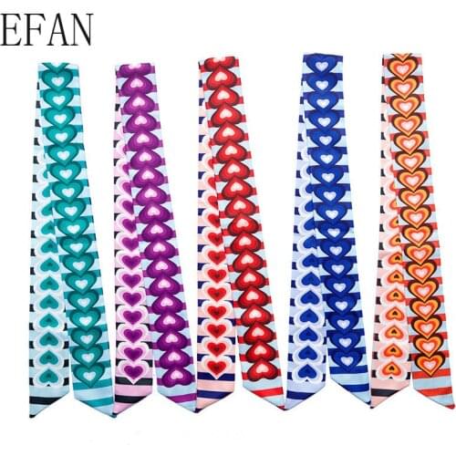 New Sweet Heart Design 100cm Heart Print Scarf Small Women Silk Scarf Brand Bag Hair Ribbons Fashion Head Scarf Long Scarves