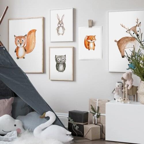Deer Rabbit Bear Fox squirrel owl Nursery Wall Art Canvas Painting Nordic Posters And Prints Wall Pictures child Room Decoration