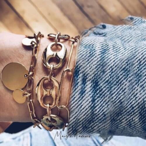Wholesale Europ Hot Selling Oversized Punk Gothic Style Geometric Design Chunky Gold Bracelets 3pc Set Women Jewelry