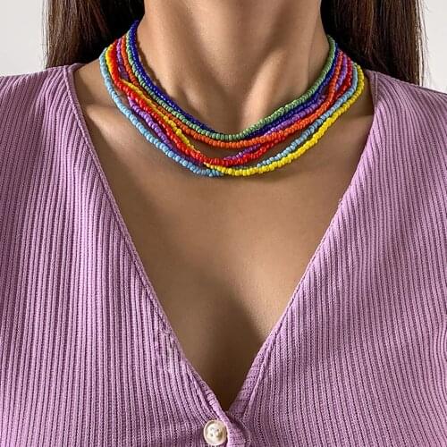 SHIXIN Colorful Beads Choker Necklace for Women Fashion Rainbow Beaded Chain Around the Neck Necklaces Set Collier Femme Jewelry