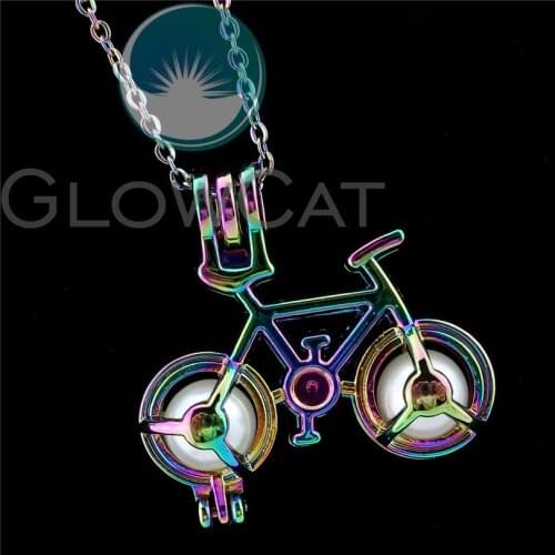 R-C611 Rainbow Colors Sports Bike Bicycle Beads Cage Pendant Perfume Diffuser Oyster Pearl Cage Locket Necklace