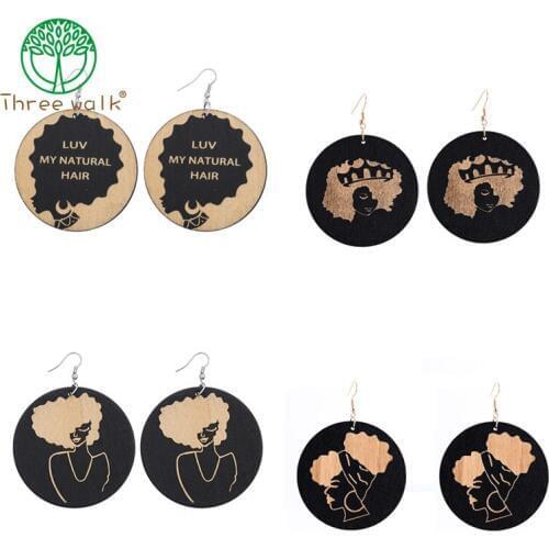 Tribal Painting Wood Engraved Africa Map Black Girl Queen Drop Earring Retro Handmade Wooden African Hiphop Jewelry
