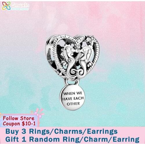 Smuxin 925 Sterling Silver Beads Openwork Seahorses Heart Charms fit Original Pandora Bracelets Women Jewelry Making Girl Gift