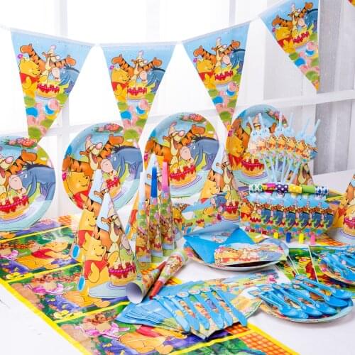 Disney Winnie the Pooh Cartoon Theme Set Baby Shower Decoration Birthday Party Set supplies cups Plate Straw Tablecloth Set