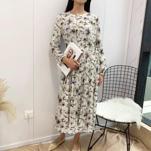 2020 Spring Floral Printing Pleated Dress Loose Lantern Sleeve Blouses Dress Slim Drawstring Waist