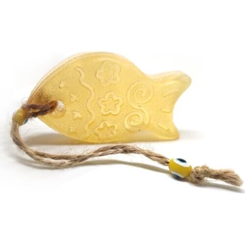 Trasnparent Fish-looking decorative handmade soap gift soap with thread and evil eye bead in yellow color