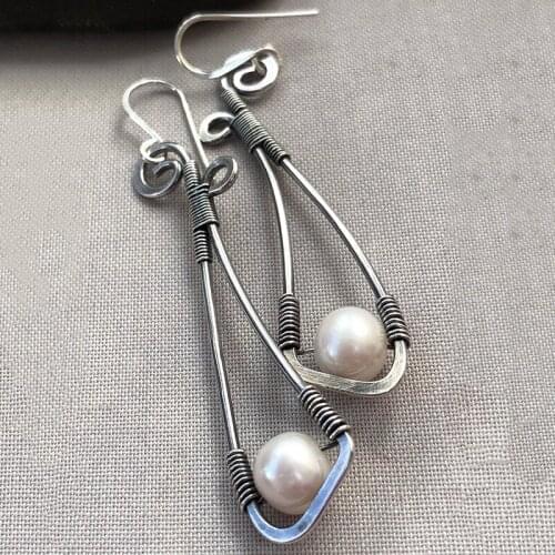 Boho Wind Belt Pearl Silver Wire Earrings European and American Creative Retro Silver Long Earrings for women Girl Holiday Gifts