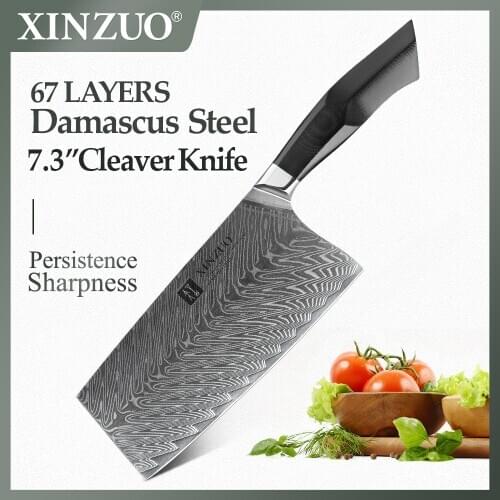XINZUO 7.3'' inch Cleaver Kitchen Knife High Carbon Damascus Steel Cleaver Durable Chef Slicing Chopping Knife Ultra Sharp Blade