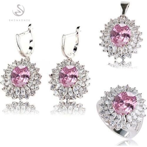 SHUNXUNZE jewelry sets women Engagement Wedding (ring/earring/pendant) Yellow Pink Cubic Zirconia Rhodium Plated R458set R461set