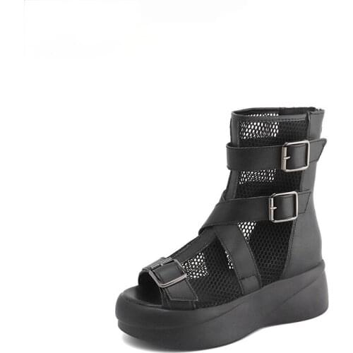 Woman Sandals Women Fashion Black Sandalias Breathable Mesh 5cm Heel Shoes Platform Buckle Sandale Womens Sandal Zip