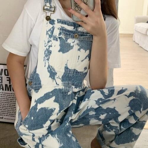 Large Size Fashion Front Pockets Camouflage White Blue Print Denim Jumpsuit Women Strap Jeans Loose Overalls For Women 2021