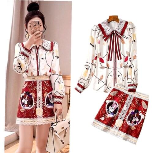 New Womens Spring Runway Retro Bow Lace Shirt Long Sleeve Top and Cute Patchwork Skirt Set Party Clothing Set NS679