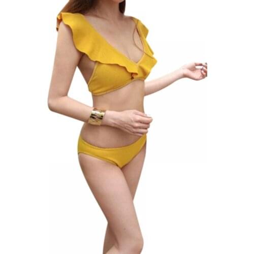 Women Deep V Ruffled Bikini Set Vintage Plaid Back High Waist Split Push-Up Small Fresh Beachwear Swimwear